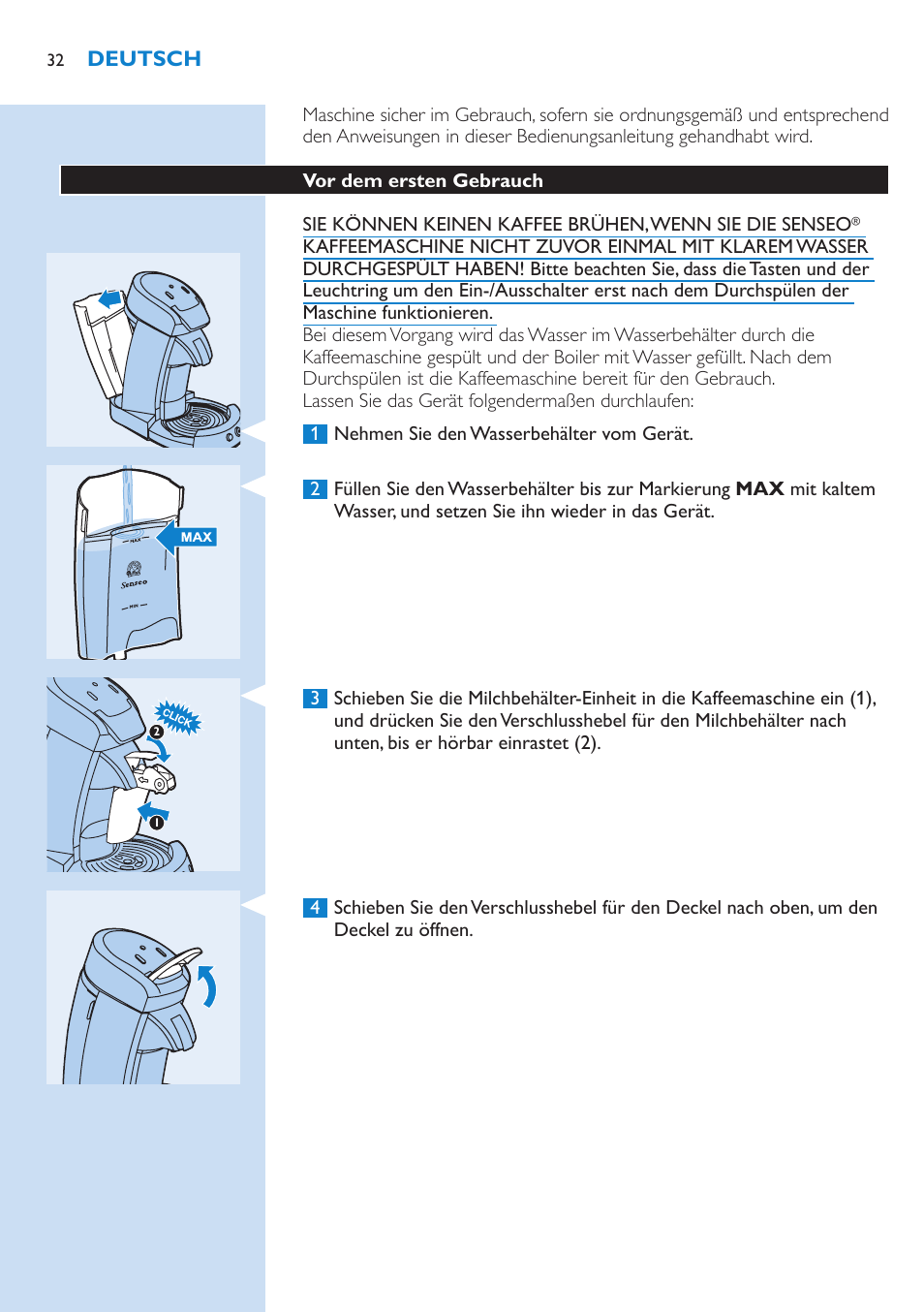 Vor dem ersten gebrauch | Philips SENSEO® Latte Select Kaffeepadmaschine User Manual | Page 32 / 102
