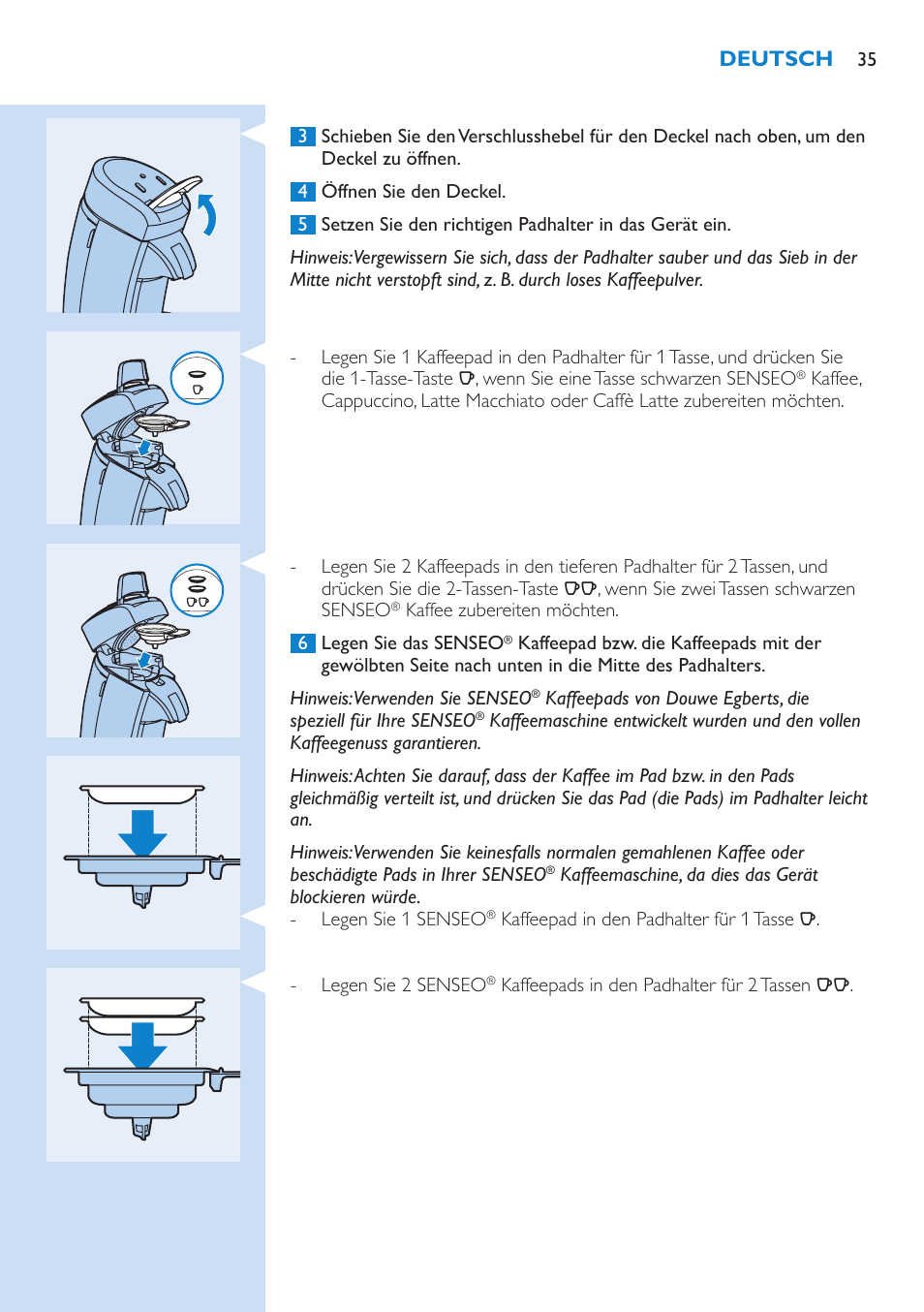 Deutsch | Philips SENSEO® Latte Select Kaffeepadmaschine User Manual | Page 35 / 102