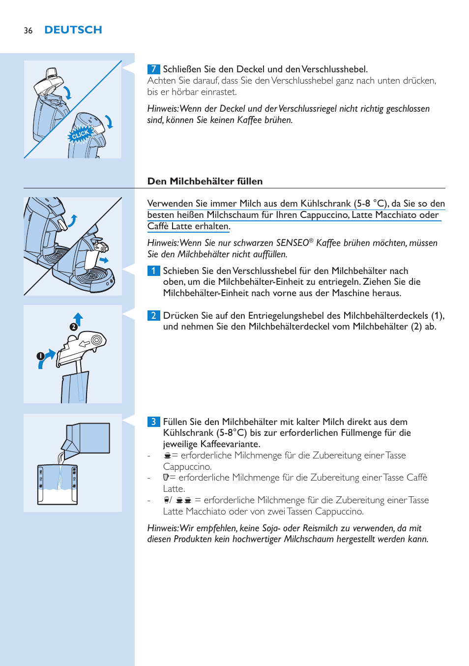 Den milchbehälter füllen | Philips SENSEO® Latte Select Kaffeepadmaschine User Manual | Page 36 / 102