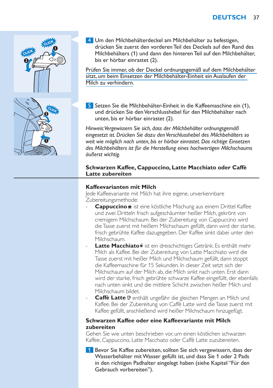 Kaffeevarianten mit milch | Philips SENSEO® Latte Select Kaffeepadmaschine User Manual | Page 37 / 102