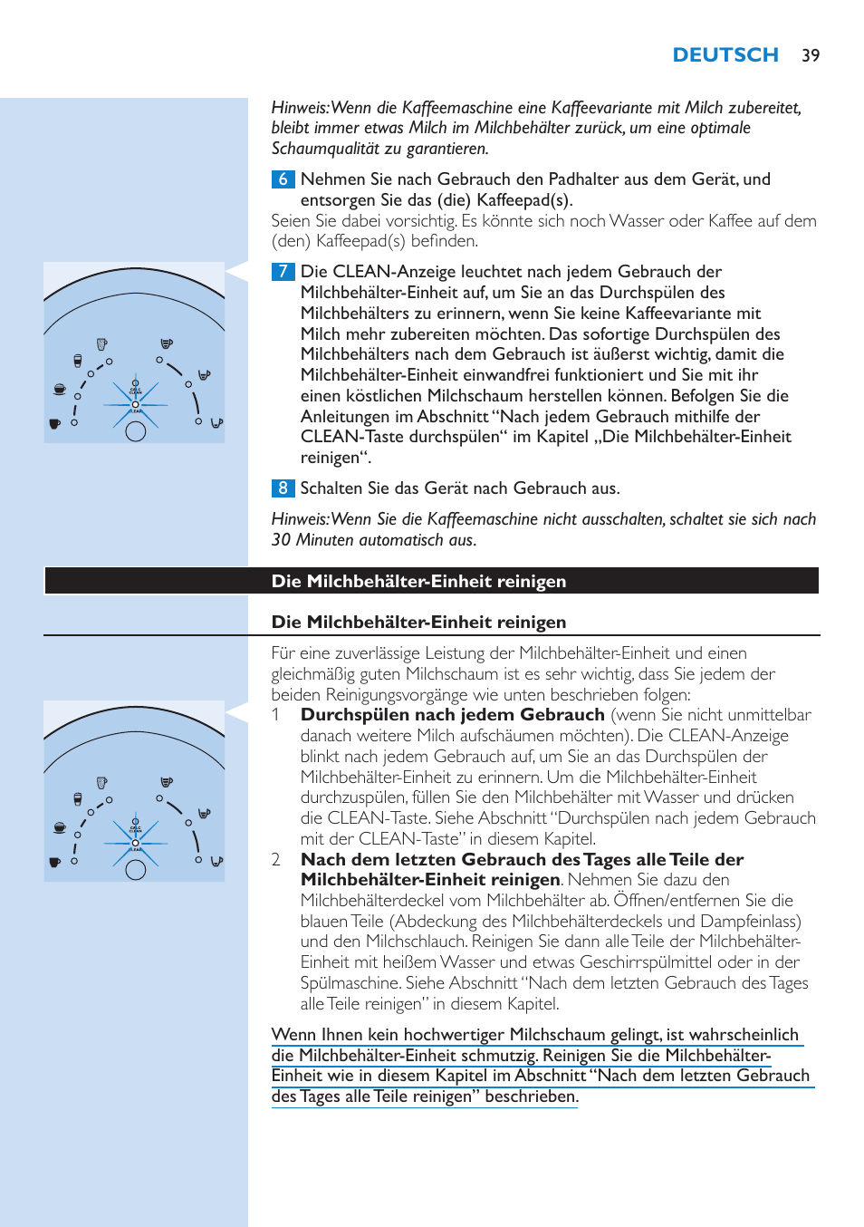 Die milchbehälter-einheit reinigen | Philips SENSEO® Latte Select Kaffeepadmaschine User Manual | Page 39 / 102