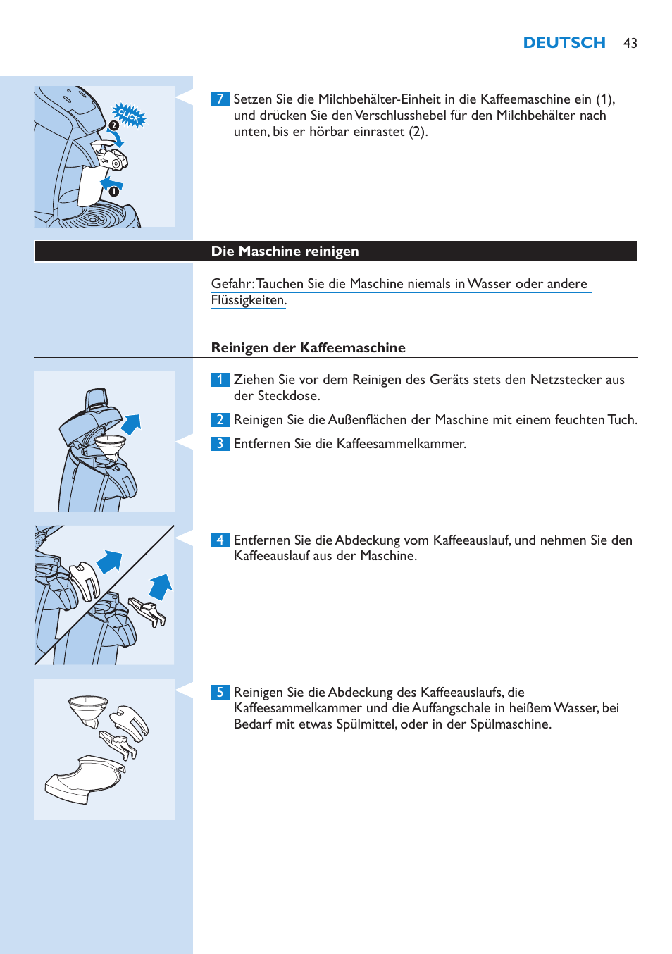 Die maschine reinigen, Reinigen der kaffeemaschine | Philips SENSEO® Latte Select Kaffeepadmaschine User Manual | Page 43 / 102