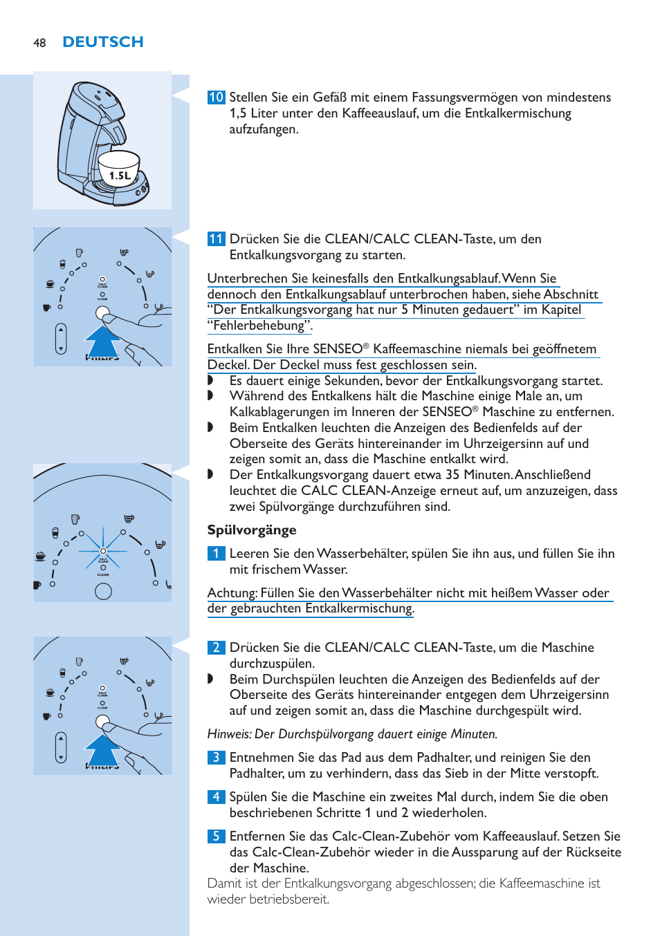 Spülvorgänge | Philips SENSEO® Latte Select Kaffeepadmaschine User Manual | Page 48 / 102