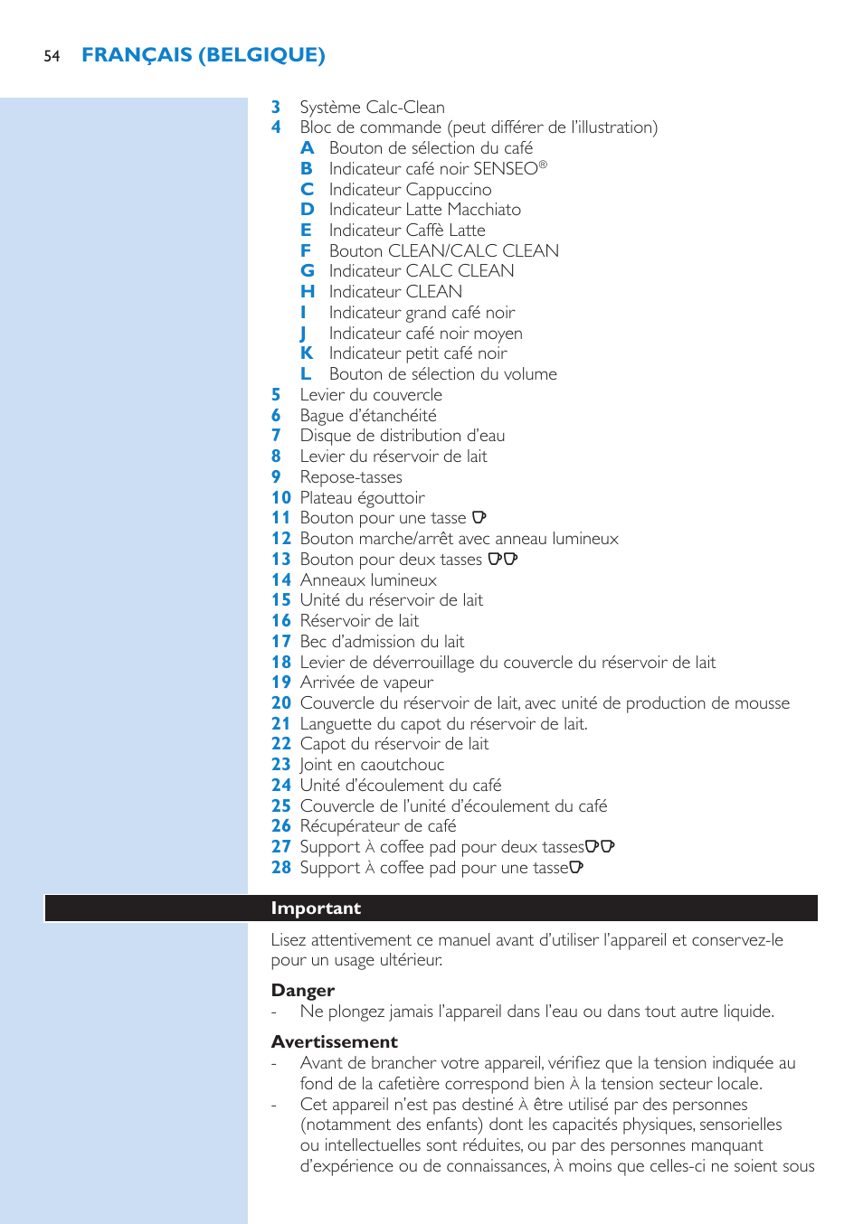 Danger, Avertissement, Important | Philips SENSEO® Latte Select Kaffeepadmaschine User Manual | Page 54 / 102