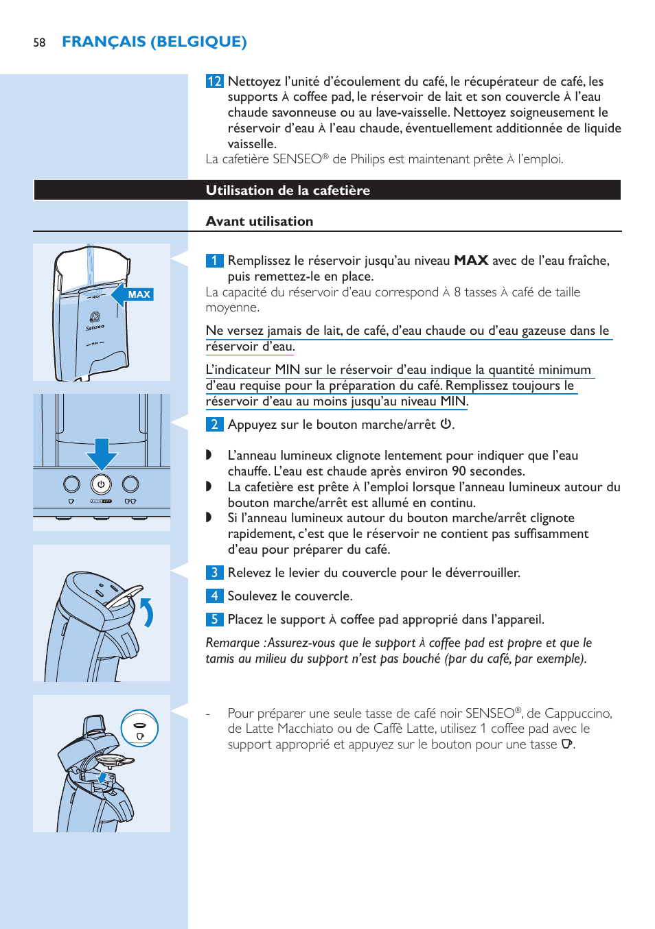 Utilisation de la cafetière, Avant utilisation | Philips SENSEO® Latte Select Kaffeepadmaschine User Manual | Page 58 / 102