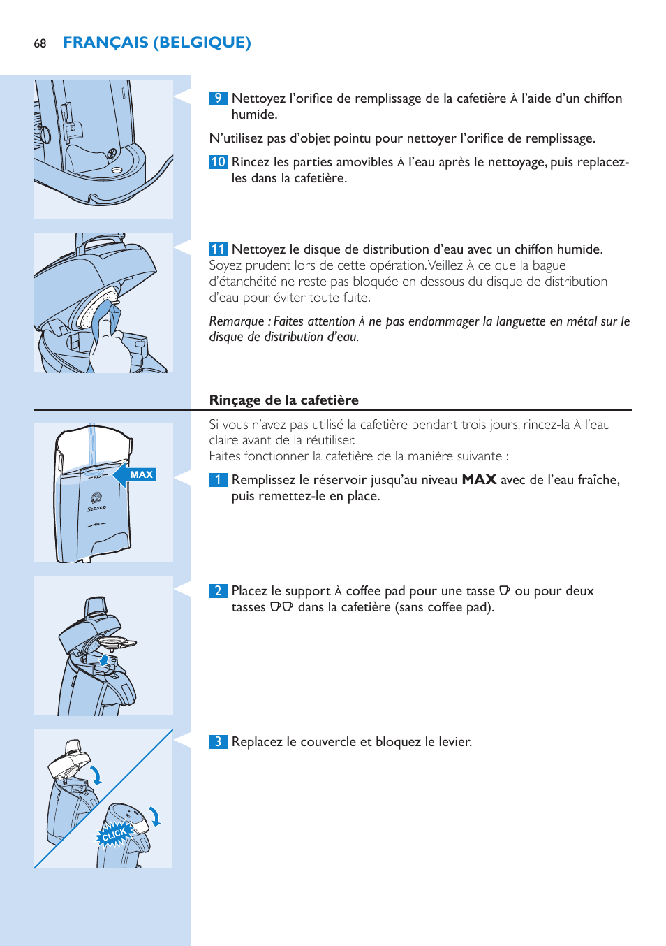 Rinçage de la cafetière | Philips SENSEO® Latte Select Kaffeepadmaschine User Manual | Page 68 / 102
