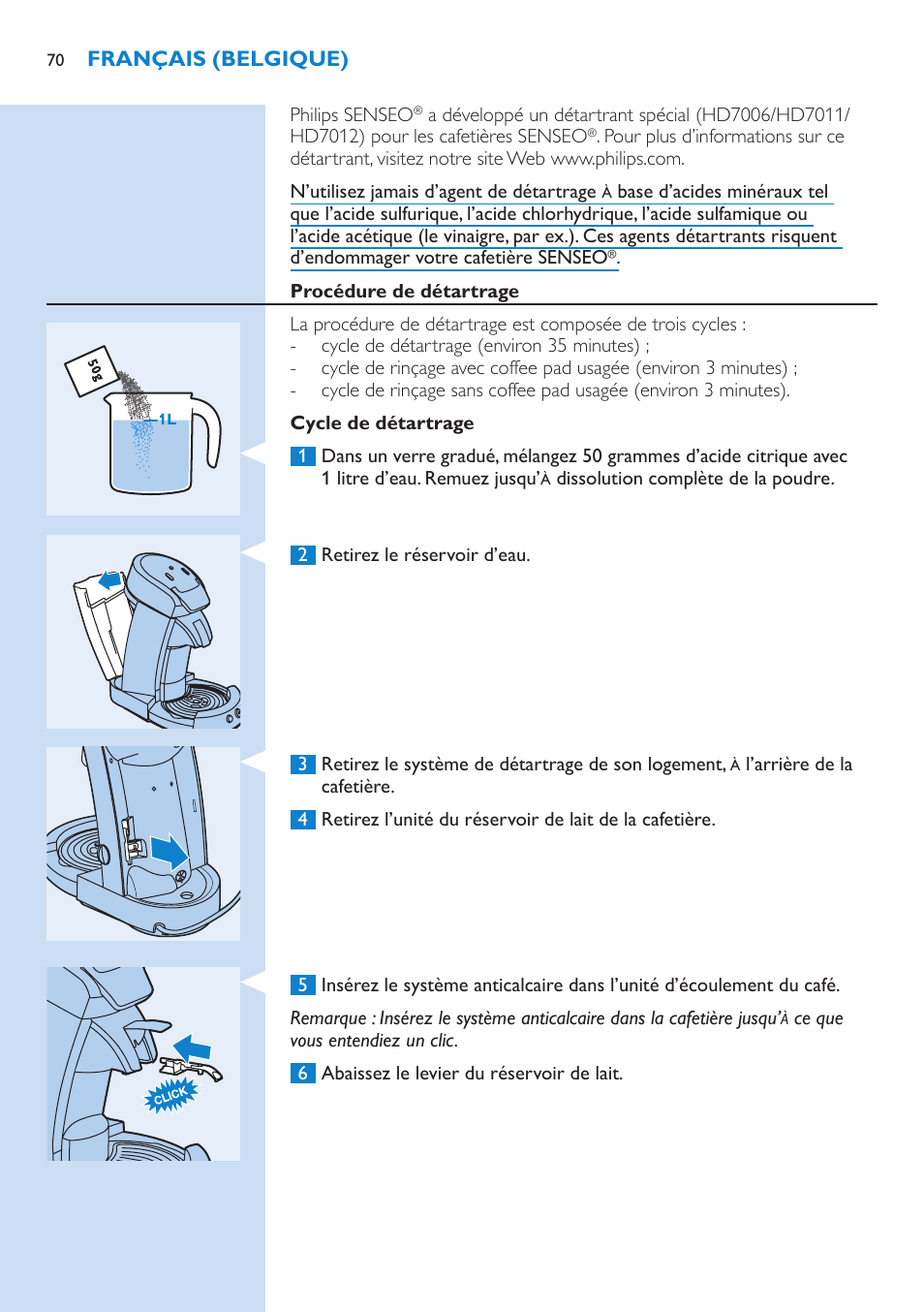 Utilisation d’un agent de détartrage approprié, Procédure de détartrage, Cycle de détartrage | Philips SENSEO® Latte Select Kaffeepadmaschine User Manual | Page 70 / 102