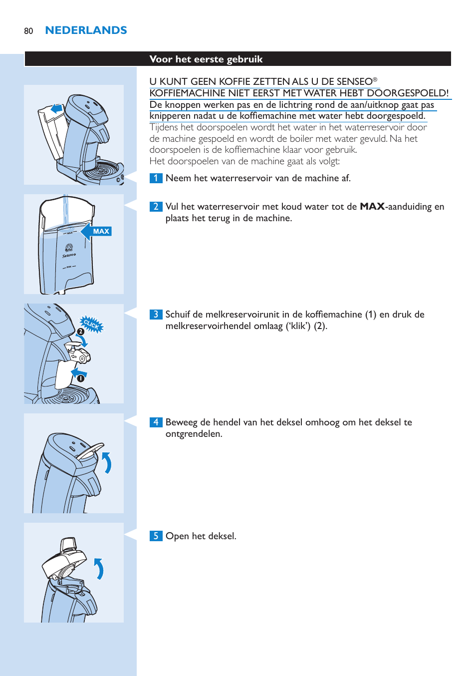 Voor het eerste gebruik | Philips SENSEO® Latte Select Kaffeepadmaschine User Manual | Page 80 / 102