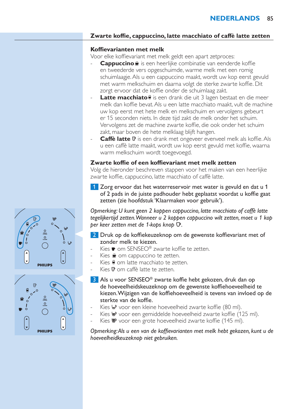 Koffievarianten met melk, Zwarte koffie of een koffievariant met melk zetten | Philips SENSEO® Latte Select Kaffeepadmaschine User Manual | Page 85 / 102