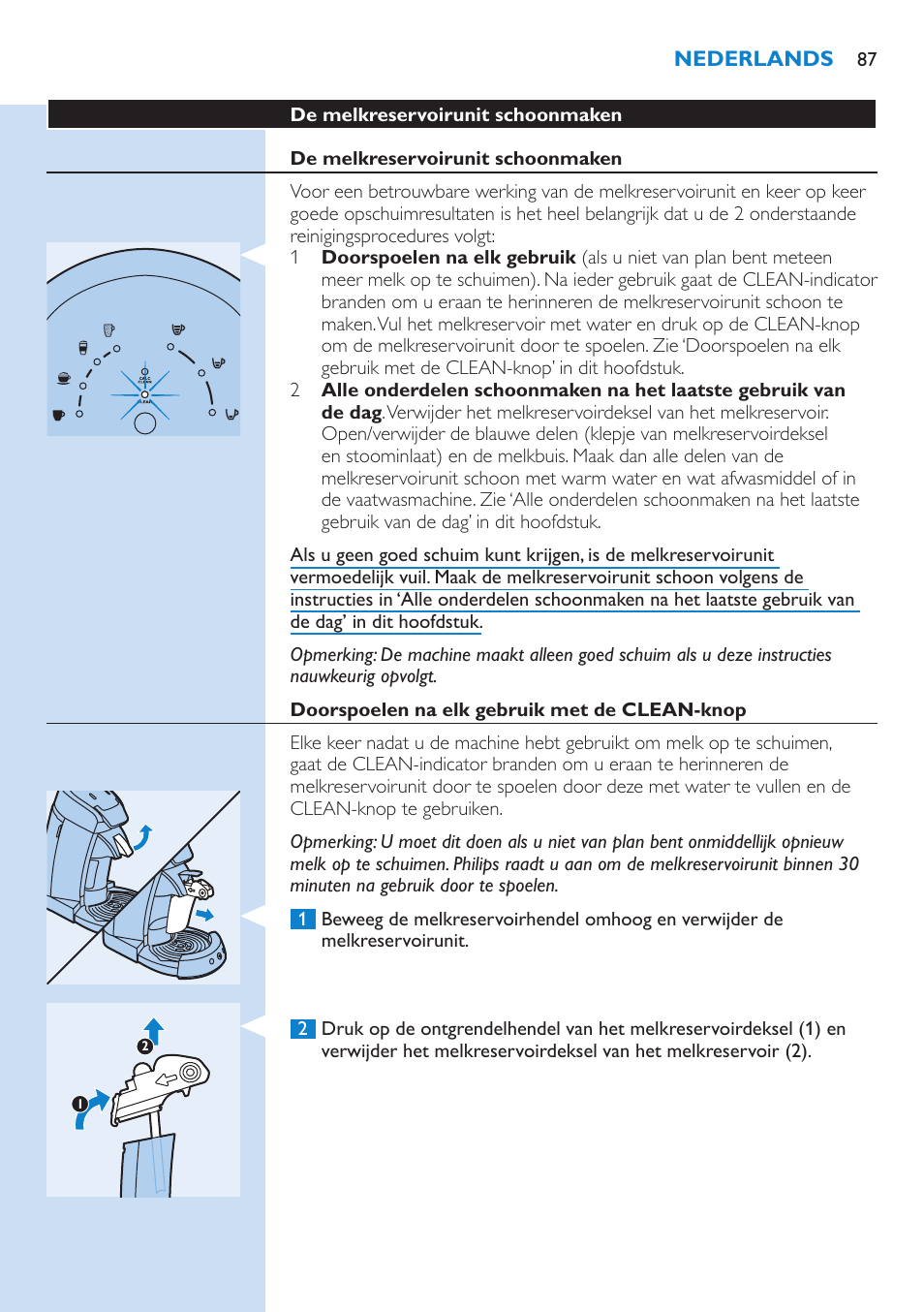 De melkreservoirunit schoonmaken, Doorspoelen na elk gebruik met de clean-knop | Philips SENSEO® Latte Select Kaffeepadmaschine User Manual | Page 87 / 102