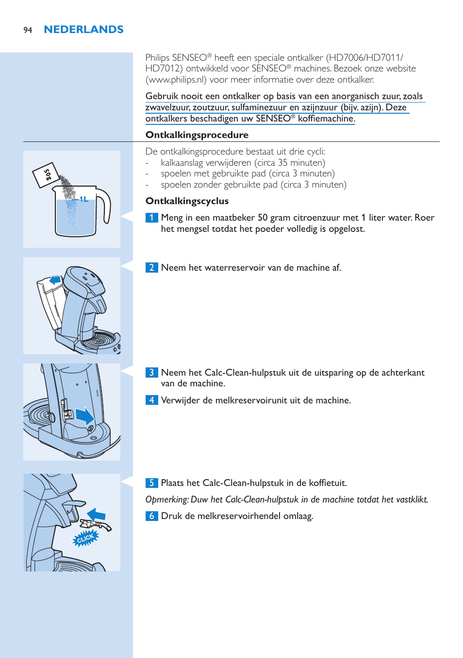 Gebruik de juiste ontkalker, Ontkalkingsprocedure, Ontkalkingscyclus | Philips SENSEO® Latte Select Kaffeepadmaschine User Manual | Page 94 / 102