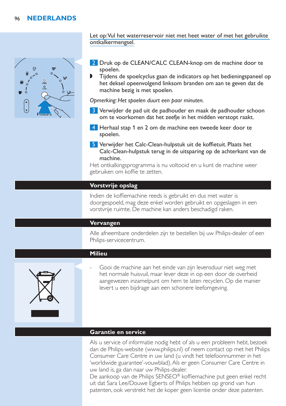 Spoelcycli, Vorstvrije opslag, Vervangen | Philips SENSEO® Latte Select Kaffeepadmaschine User Manual | Page 96 / 102