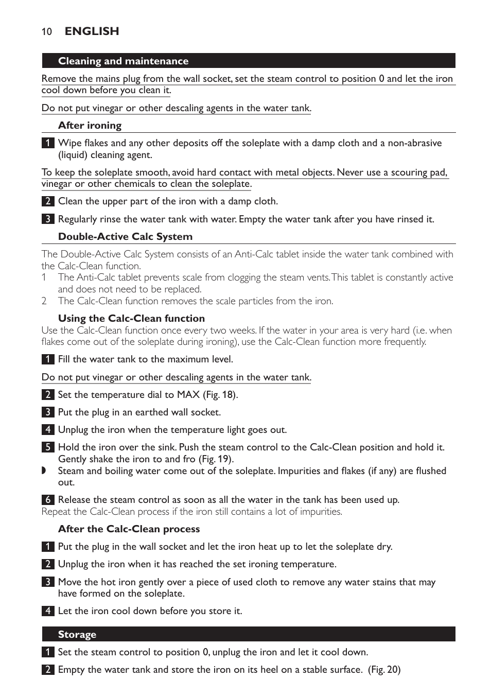 Cleaning and maintenance, After ironing, Double-active calc system | Using the calc-clean function, After the calc-clean process, Storage | Philips Azur Ionic Dampfbügeleisen User Manual | Page 10 / 92
