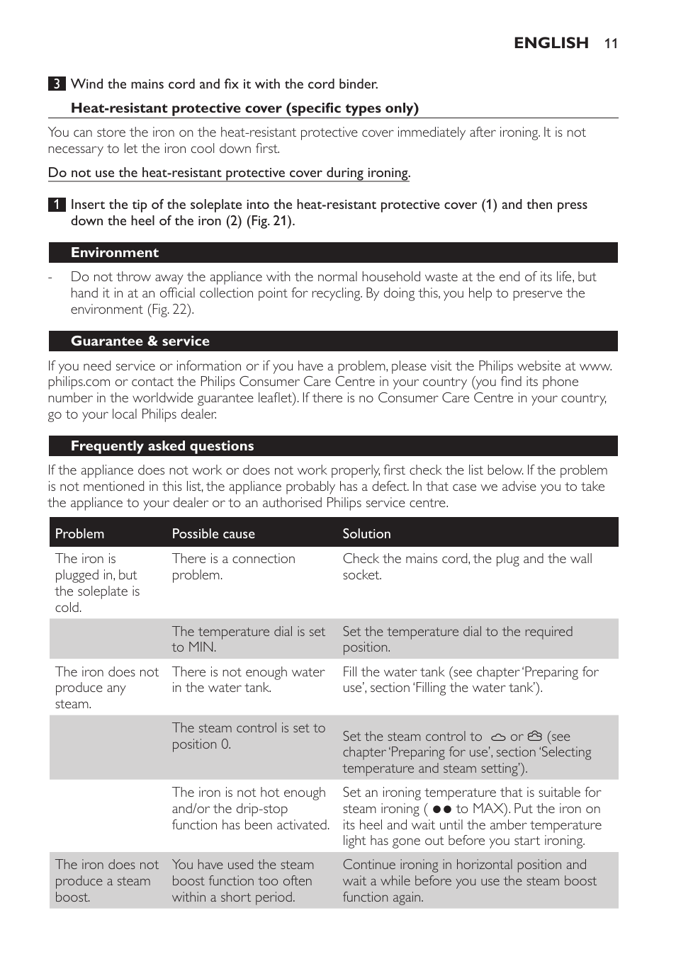 Environment, Guarantee & service, Frequently asked questions | Philips Azur Ionic Dampfbügeleisen User Manual | Page 11 / 92