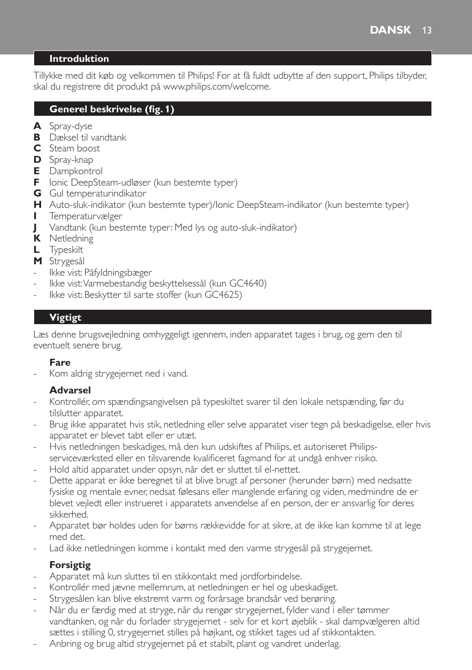 Fare, Advarsel, Forsigtig | Dansk, Introduktion, Generel beskrivelse (fig. 1), Vigtigt | Philips Azur Ionic Dampfbügeleisen User Manual | Page 13 / 92