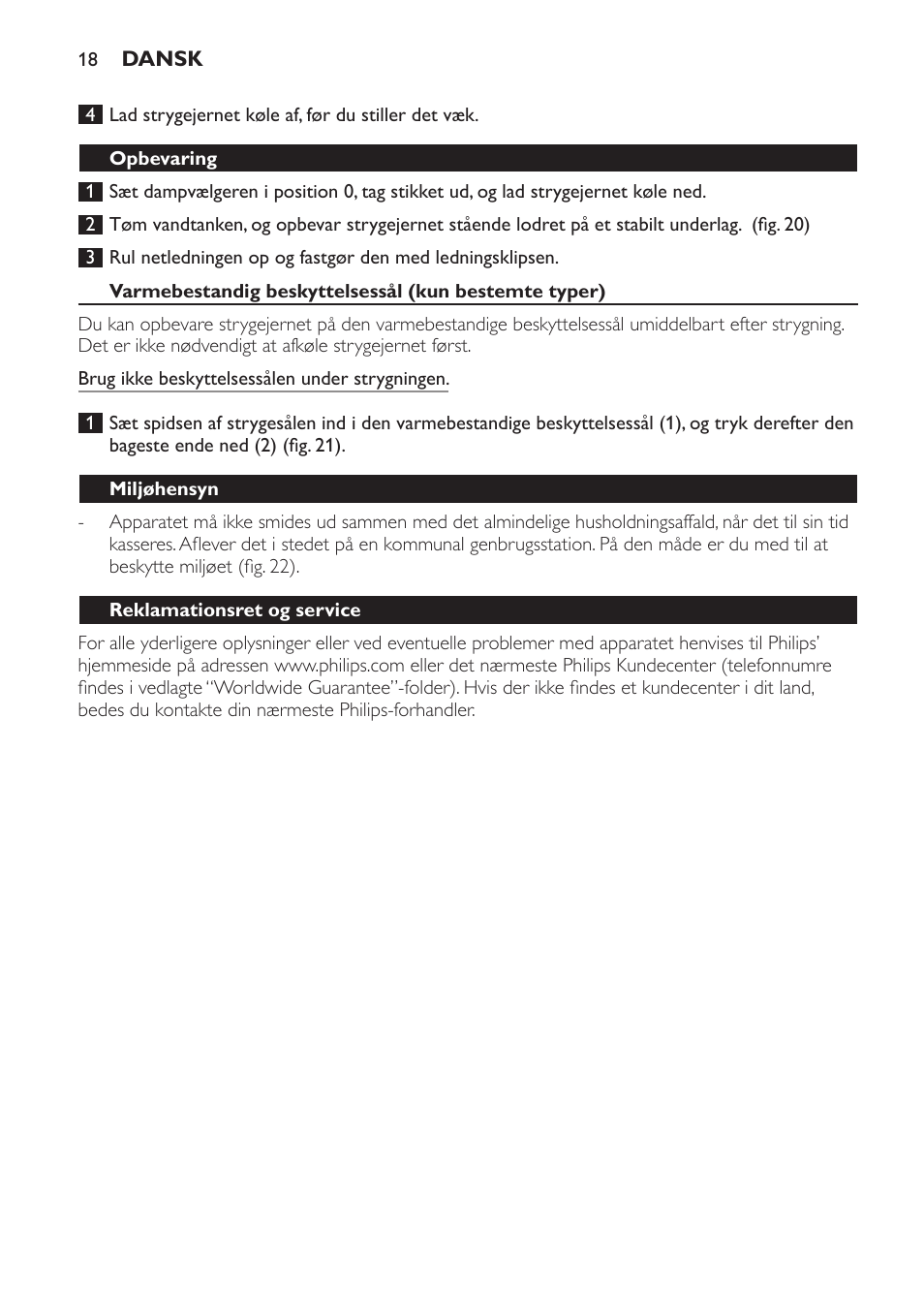 Opbevaring, Miljøhensyn, Reklamationsret og service | Ofte stillede spørgsmål | Philips Azur Ionic Dampfbügeleisen User Manual | Page 18 / 92