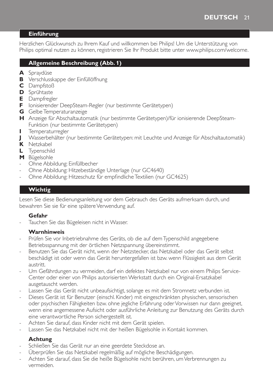 Gefahr, Warnhinweis, Achtung | Deutsch, Einführung, Allgemeine beschreibung (abb. 1), Wichtig | Philips Azur Ionic Dampfbügeleisen User Manual | Page 21 / 92