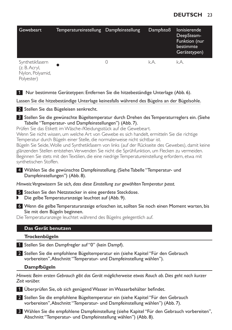 Das gerät benutzen, Trockenbügeln, Dampfbügeln | Philips Azur Ionic Dampfbügeleisen User Manual | Page 23 / 92