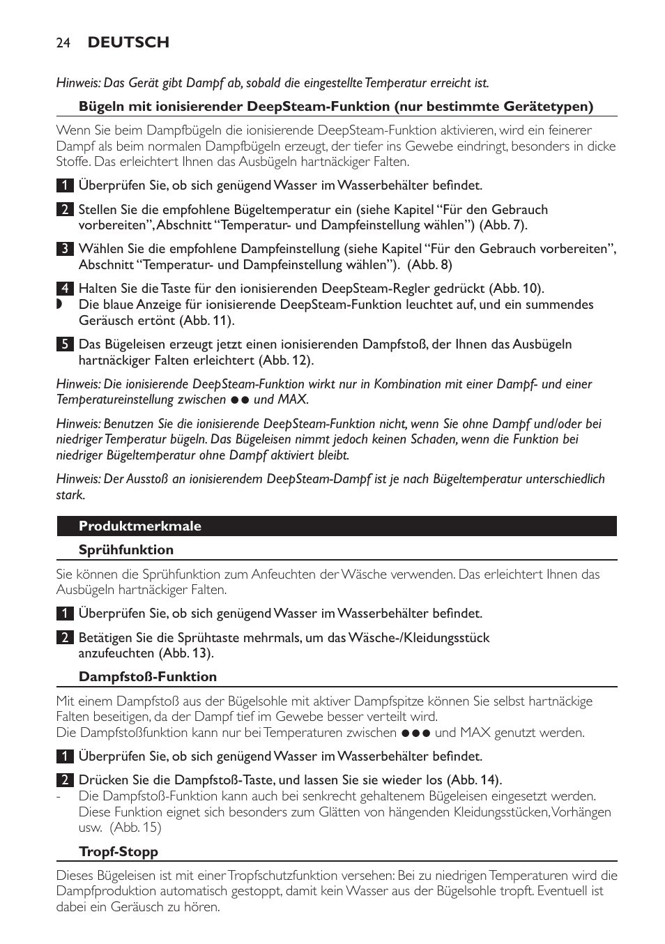 Produktmerkmale, Sprühfunktion, Dampfstoß-funktion | Tropf-stopp | Philips Azur Ionic Dampfbügeleisen User Manual | Page 24 / 92