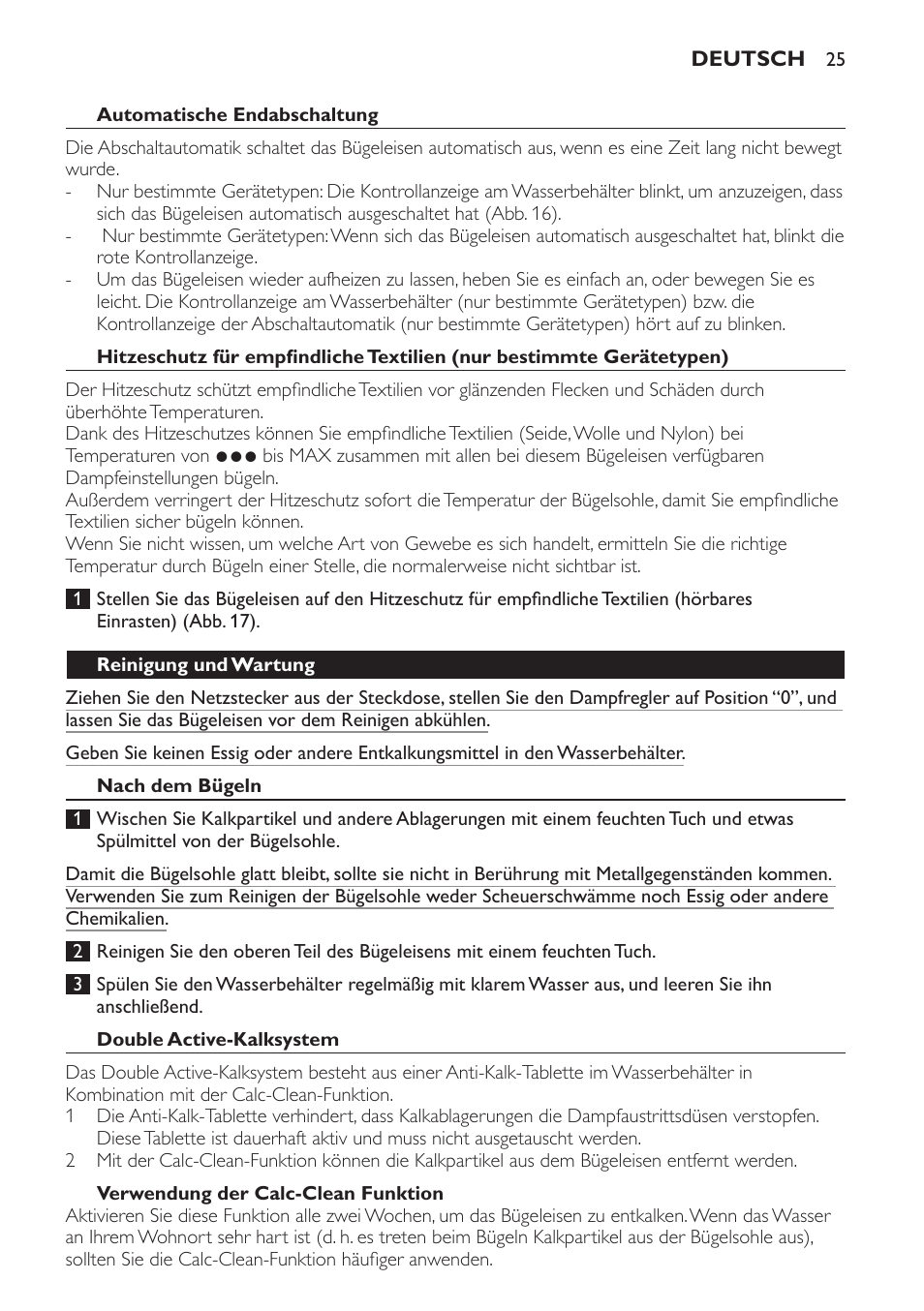 Automatische endabschaltung, Reinigung und wartung, Nach dem bügeln | Double active-kalksystem, Verwendung der calc-clean funktion | Philips Azur Ionic Dampfbügeleisen User Manual | Page 25 / 92