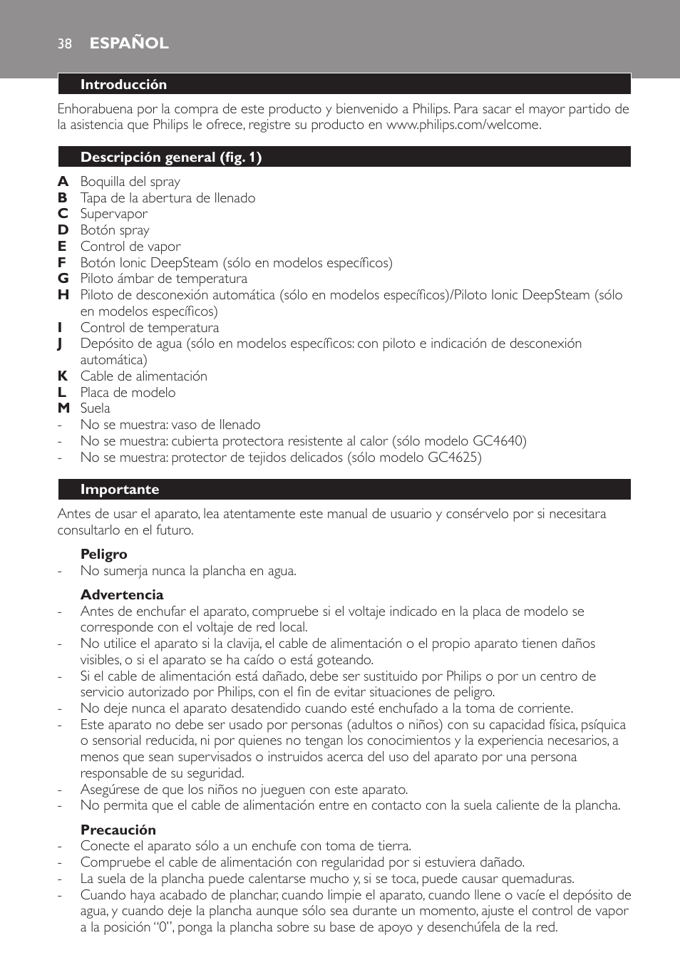 Peligro, Advertencia, Precaución | Español, Introducción, Descripción general (fig. 1), Importante | Philips Azur Ionic Dampfbügeleisen User Manual | Page 38 / 92