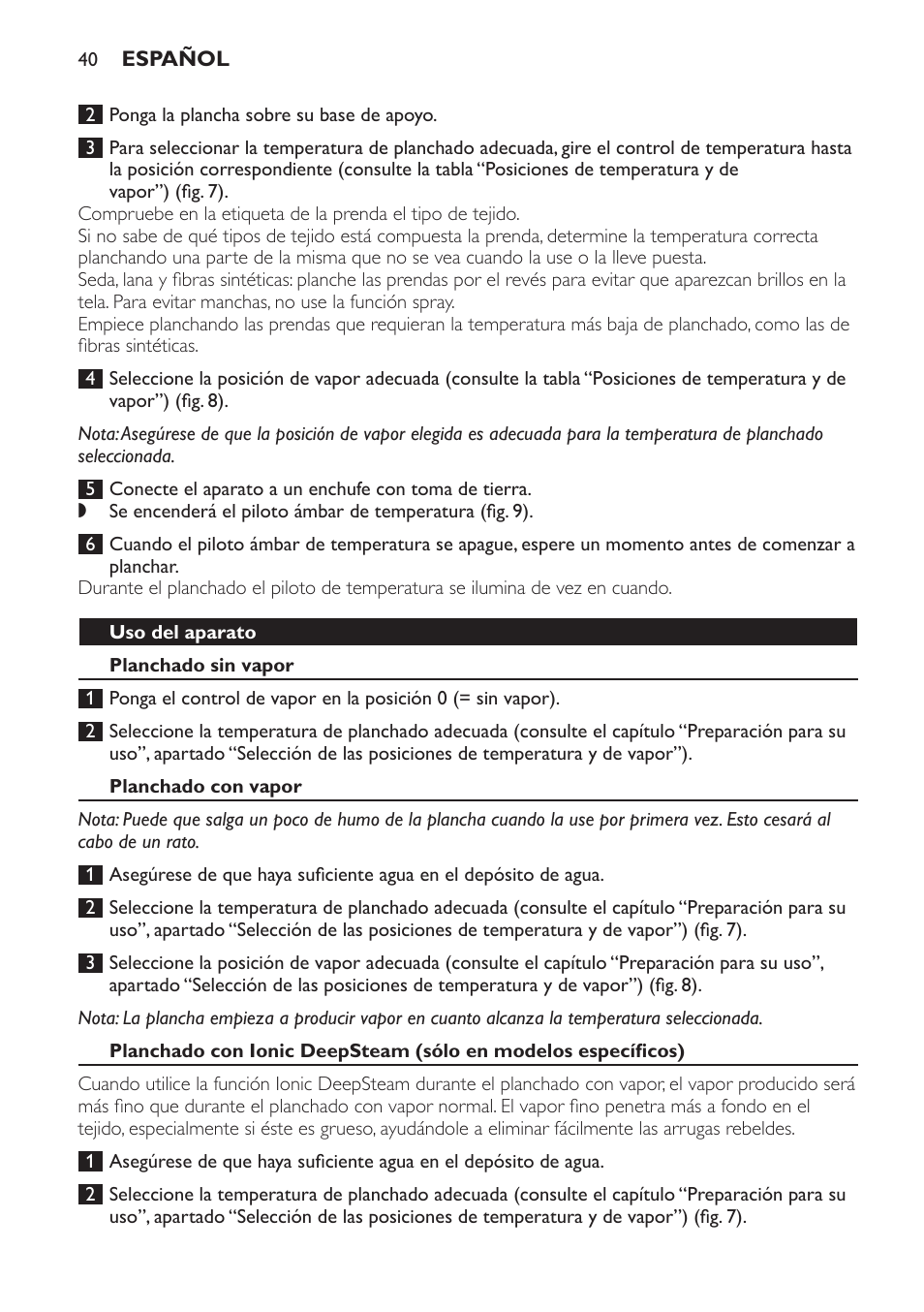 Uso del aparato, Planchado sin vapor, Planchado con vapor | Philips Azur Ionic Dampfbügeleisen User Manual | Page 40 / 92