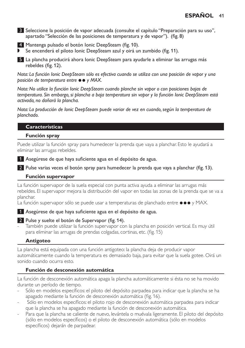Características, Función spray, Función supervapor | Antigoteo, Función de desconexión automática | Philips Azur Ionic Dampfbügeleisen User Manual | Page 41 / 92
