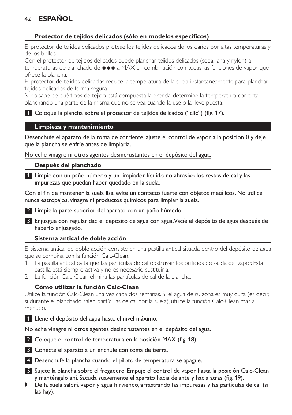 Limpieza y mantenimiento, Después del planchado, Sistema antical de doble acción | Cómo utilizar la función calc-clean | Philips Azur Ionic Dampfbügeleisen User Manual | Page 42 / 92