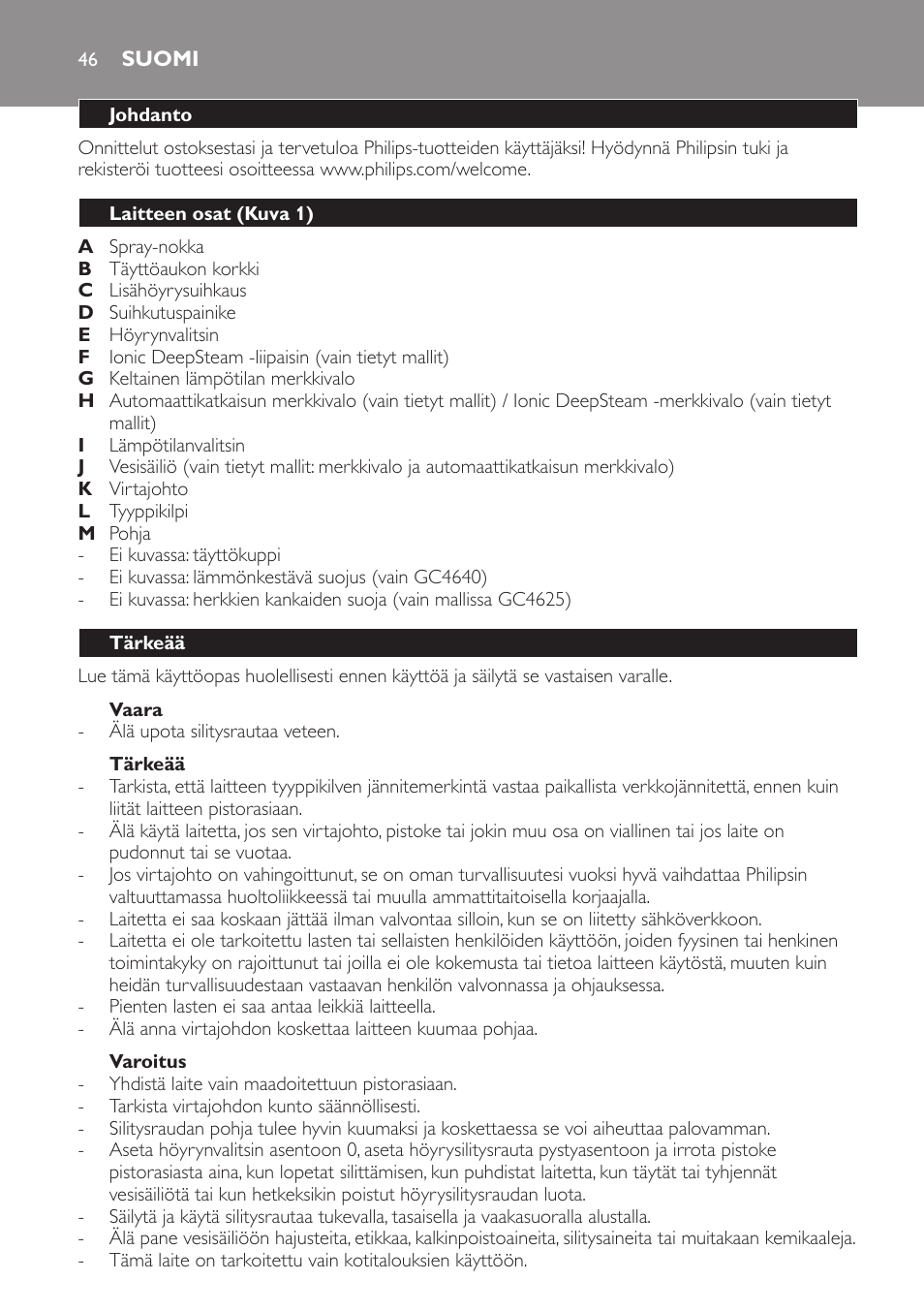 Vaara, Tärkeää, Varoitus | Suomi, Johdanto, Laitteen osat (kuva 1) | Philips Azur Ionic Dampfbügeleisen User Manual | Page 46 / 92