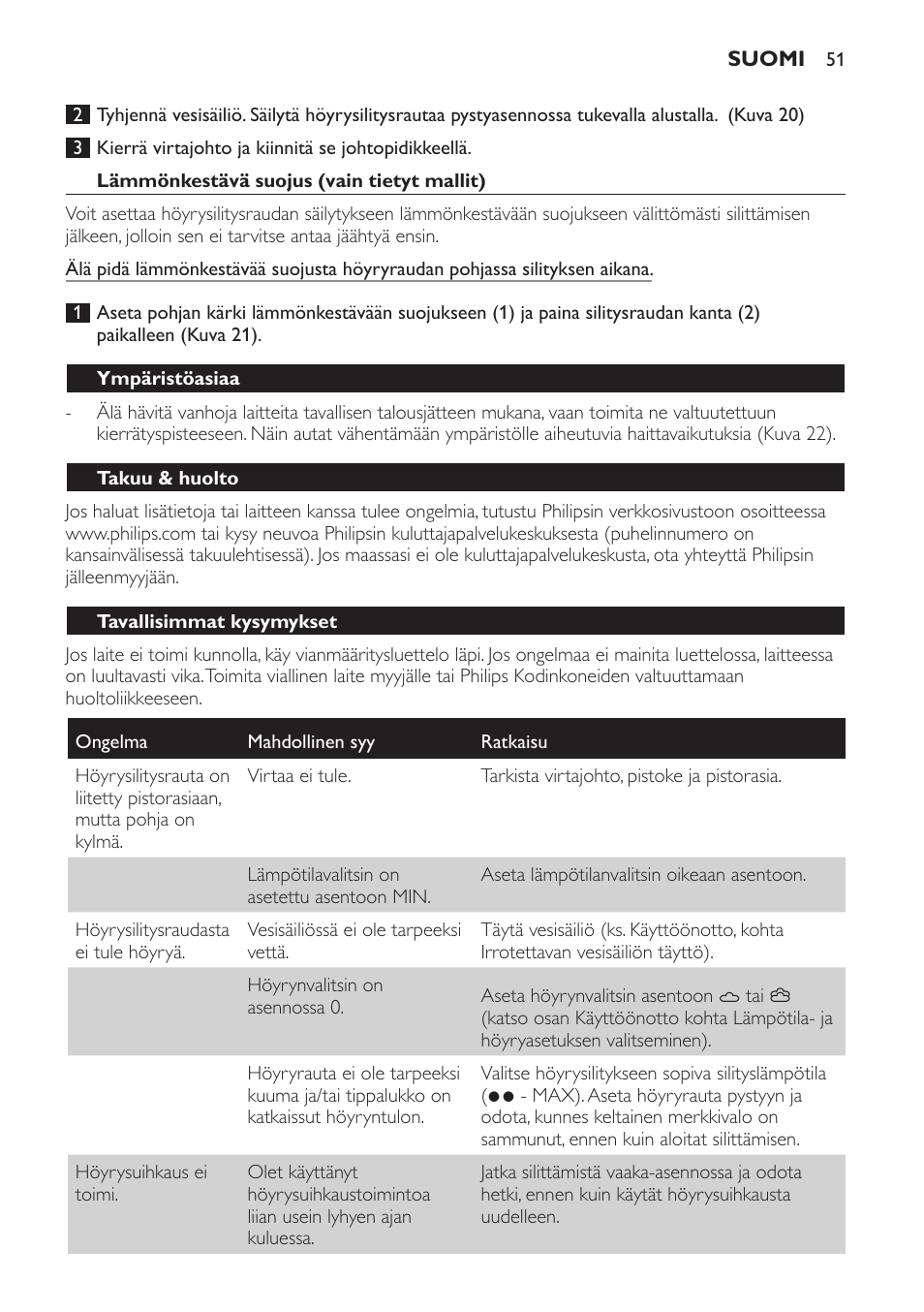 Lämmönkestävä suojus (vain tietyt mallit), Ympäristöasiaa, Takuu & huolto | Tavallisimmat kysymykset | Philips Azur Ionic Dampfbügeleisen User Manual | Page 51 / 92