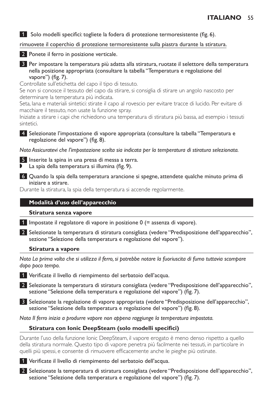 Modalità d’uso dell’apparecchio, Stiratura senza vapore, Stiratura a vapore | Philips Azur Ionic Dampfbügeleisen User Manual | Page 55 / 92
