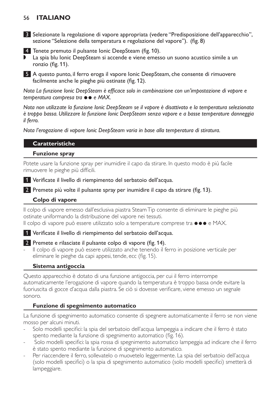 Caratteristiche, Funzione spray, Colpo di vapore | Sistema antigoccia, Funzione di spegnimento automatico | Philips Azur Ionic Dampfbügeleisen User Manual | Page 56 / 92
