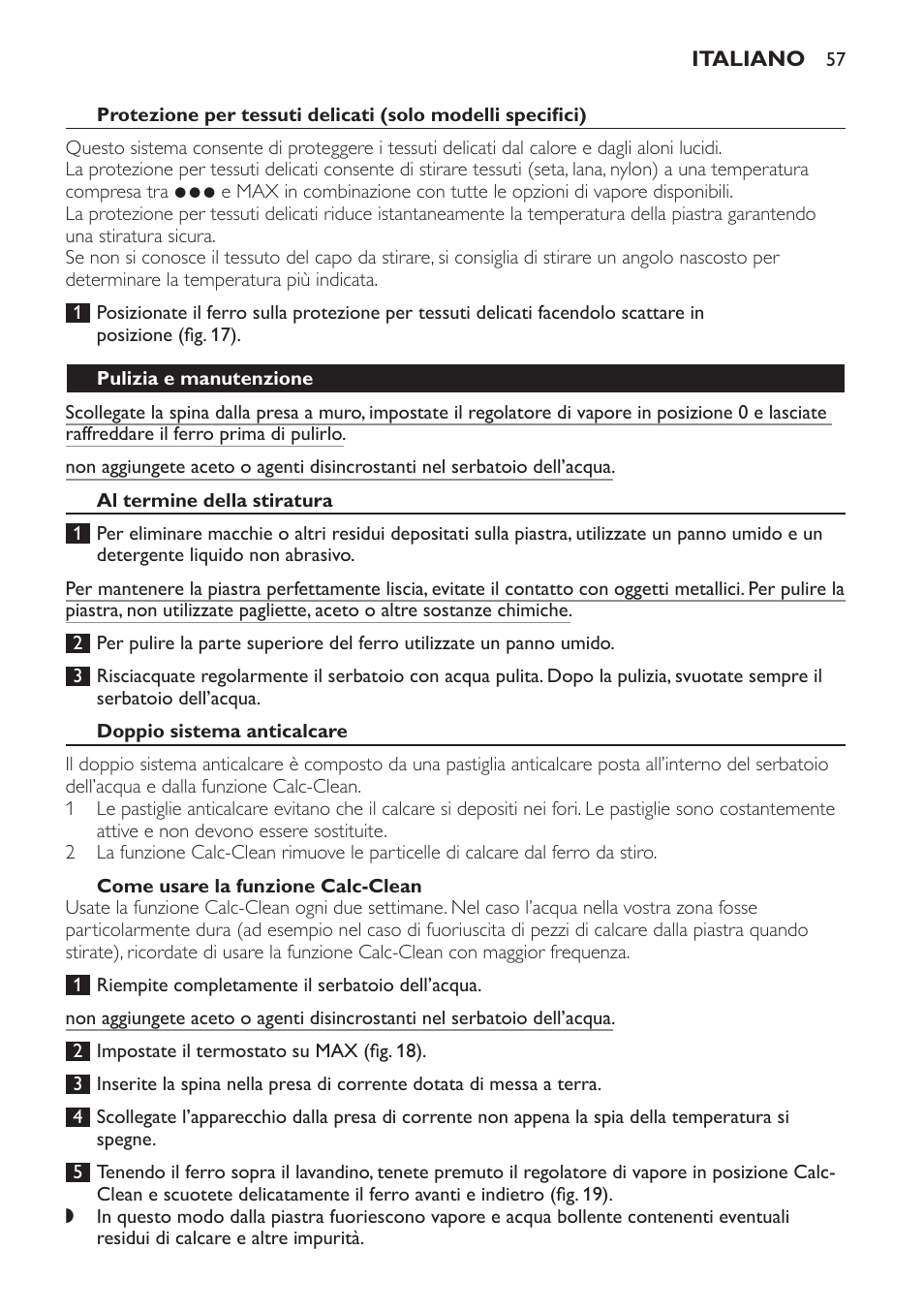 Pulizia e manutenzione, Al termine della stiratura, Doppio sistema anticalcare | Come usare la funzione calc-clean | Philips Azur Ionic Dampfbügeleisen User Manual | Page 57 / 92