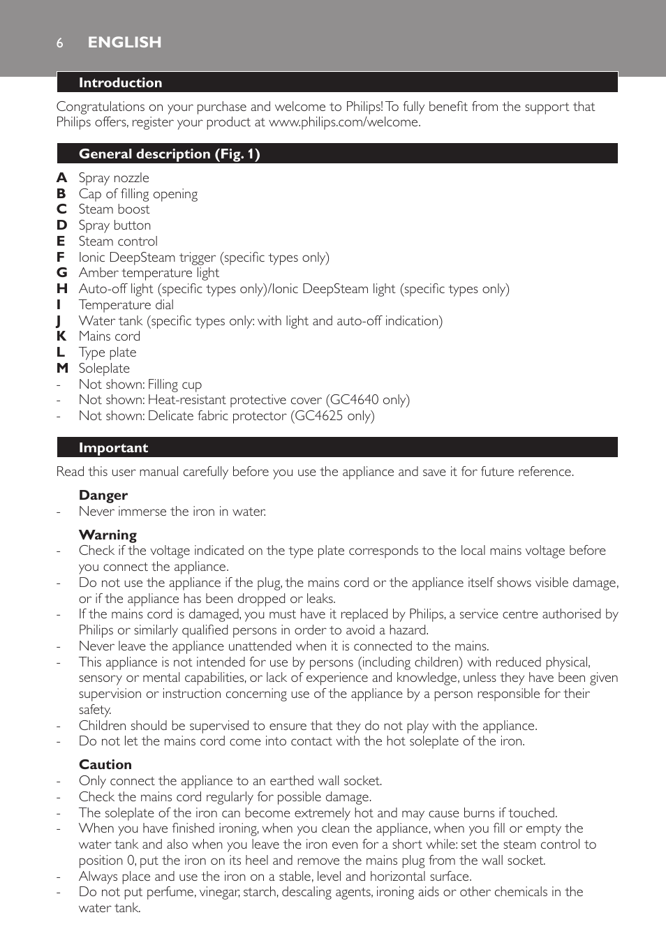 English, Introduction, General description (fig. 1) | Important, Danger, Warning, Caution | Philips Azur Ionic Dampfbügeleisen User Manual | Page 6 / 92