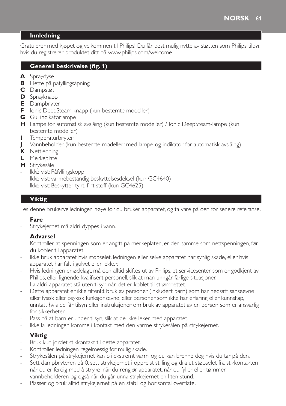 Fare, Advarsel, Viktig | Norsk, Innledning, Generell beskrivelse (fig. 1) | Philips Azur Ionic Dampfbügeleisen User Manual | Page 61 / 92