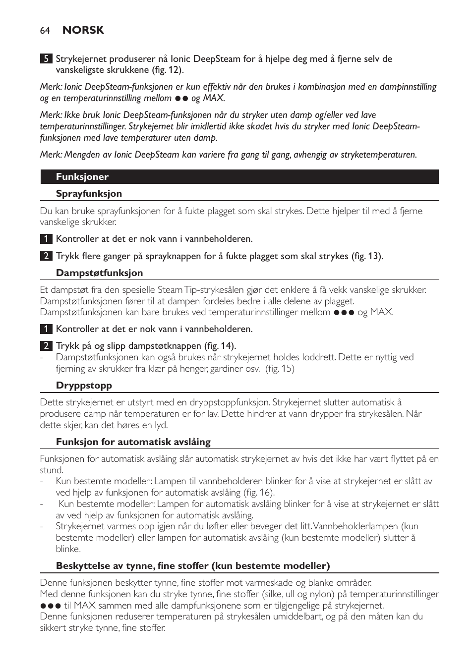 Funksjoner, Sprayfunksjon, Dampstøtfunksjon | Dryppstopp, Funksjon for automatisk avslåing | Philips Azur Ionic Dampfbügeleisen User Manual | Page 64 / 92