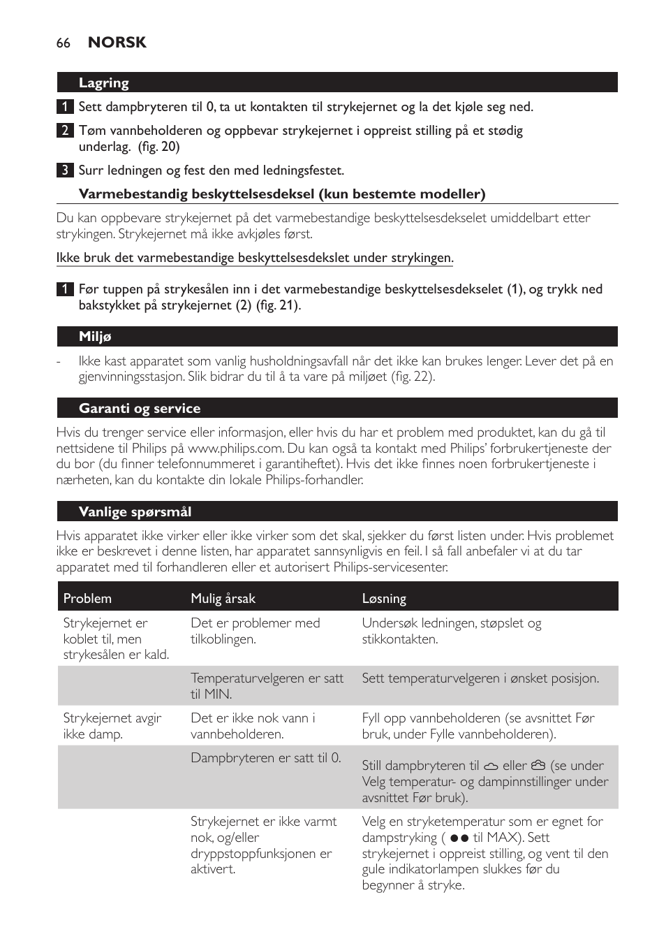 Lagring, Miljø, Garanti og service | Vanlige spørsmål | Philips Azur Ionic Dampfbügeleisen User Manual | Page 66 / 92