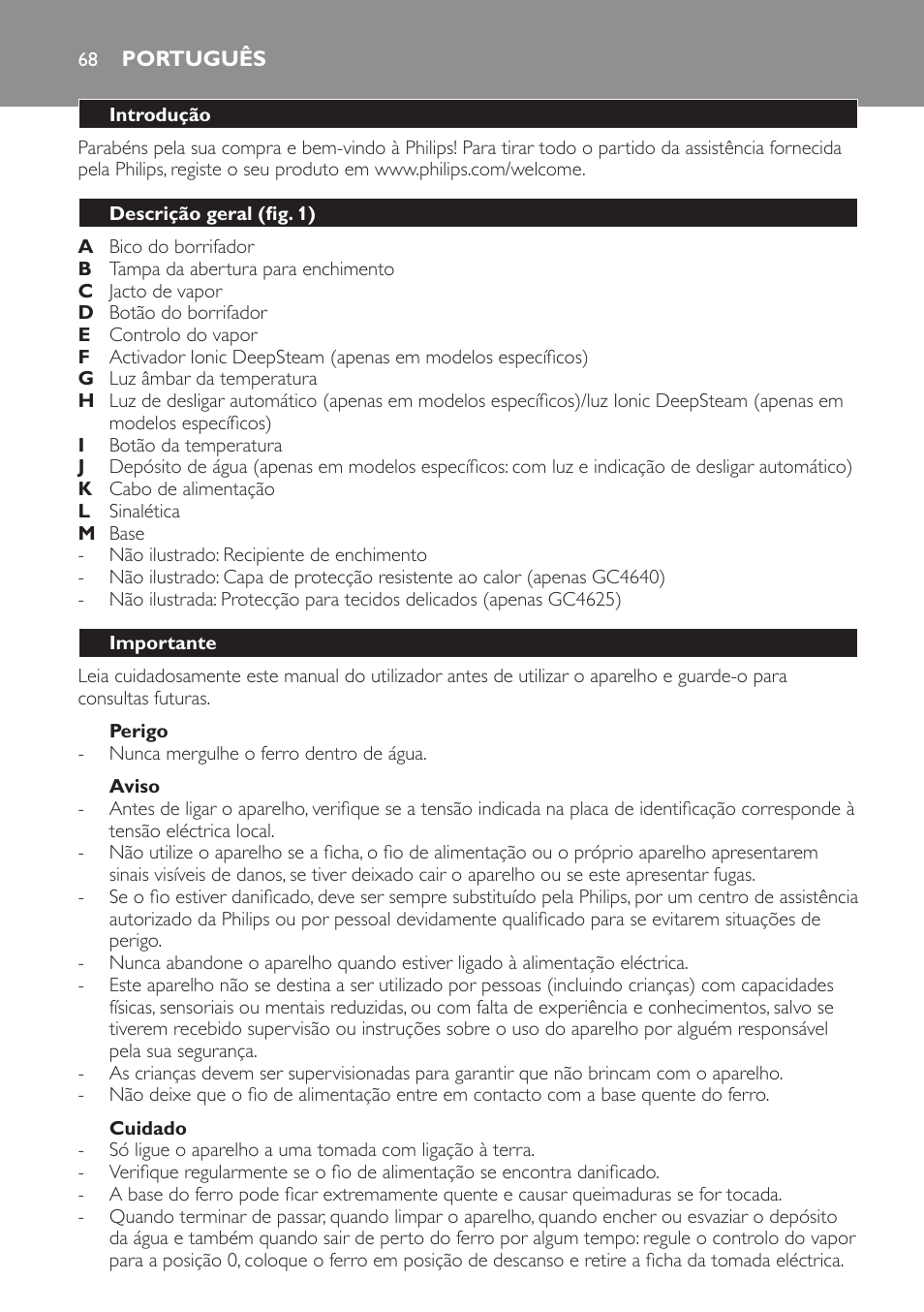 Perigo, Aviso, Cuidado | Português, Introdução, Descrição geral (fig. 1), Importante | Philips Azur Ionic Dampfbügeleisen User Manual | Page 68 / 92