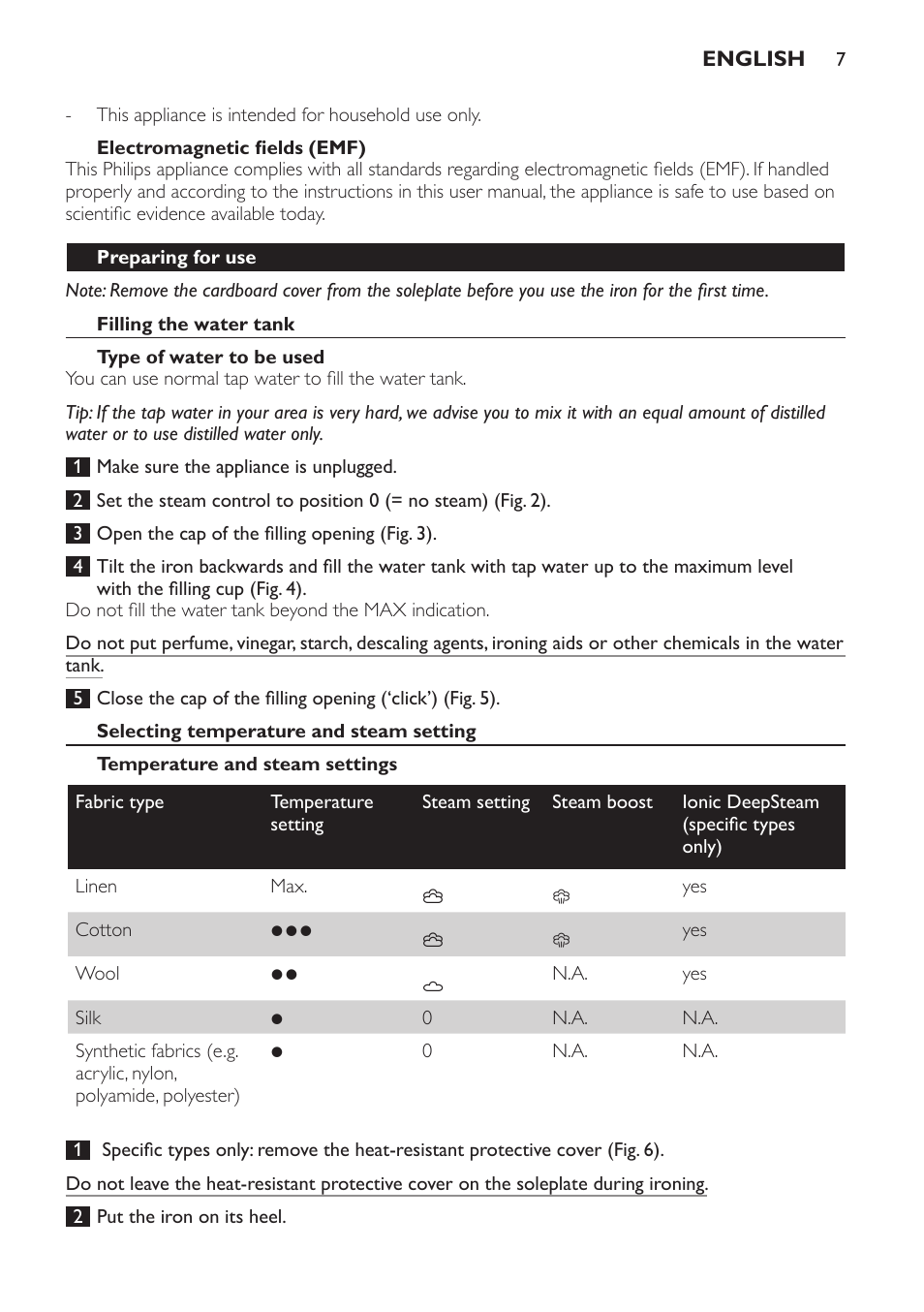 Electromagnetic fields (emf), Preparing for use, Filling the water tank | Type of water to be used, Selecting temperature and steam setting, Temperature and steam settings | Philips Azur Ionic Dampfbügeleisen User Manual | Page 7 / 92