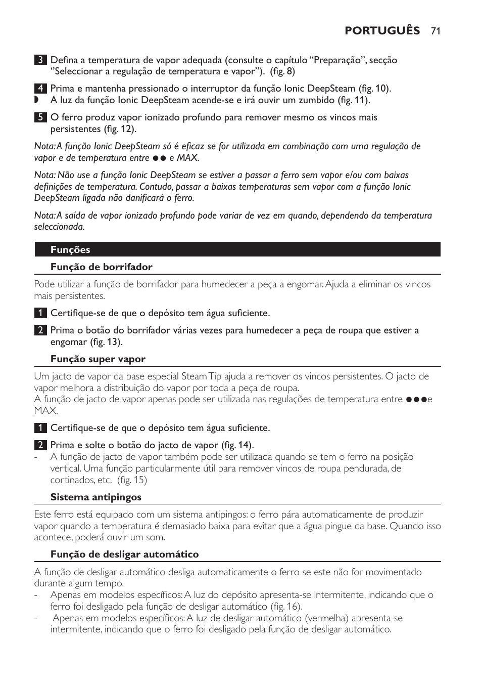 Funções, Função de borrifador, Função super vapor | Sistema antipingos, Função de desligar automático | Philips Azur Ionic Dampfbügeleisen User Manual | Page 71 / 92