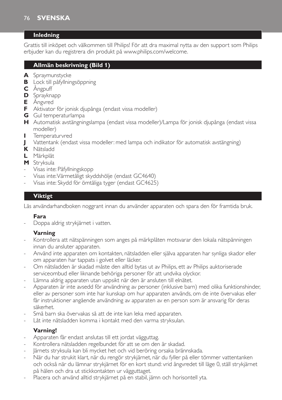 Fara, Varning, Svenska | Inledning, Allmän beskrivning (bild 1), Viktigt | Philips Azur Ionic Dampfbügeleisen User Manual | Page 76 / 92