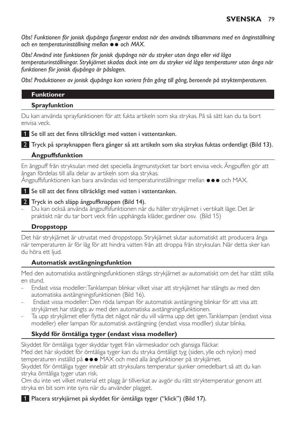 Funktioner, Sprayfunktion, Ångpuffsfunktion | Droppstopp, Automatisk avstängningsfunktion, Skydd för ömtåliga tyger (endast vissa modeller) | Philips Azur Ionic Dampfbügeleisen User Manual | Page 79 / 92