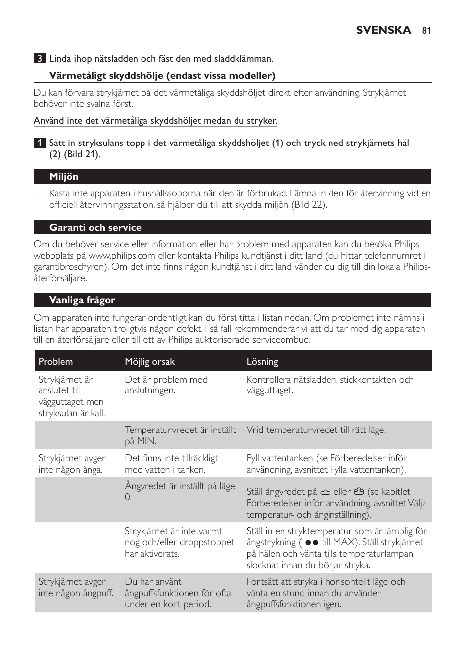 Värmetåligt skyddshölje (endast vissa modeller), Miljön, Garanti och service | Vanliga frågor | Philips Azur Ionic Dampfbügeleisen User Manual | Page 81 / 92