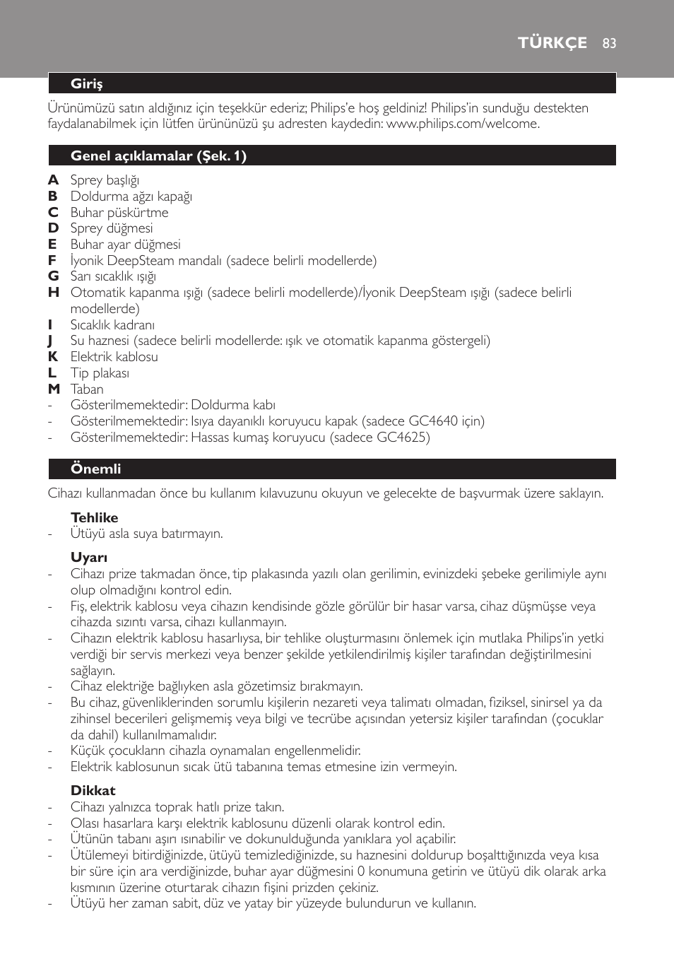 Tehlike, Uyarı, Dikkat | Türkçe, Giriş, Genel açıklamalar (şek. 1), Önemli | Philips Azur Ionic Dampfbügeleisen User Manual | Page 83 / 92