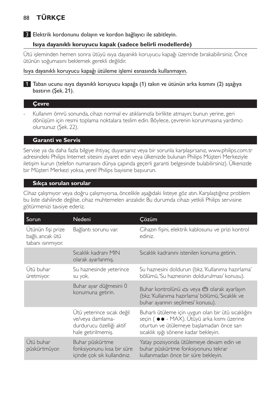 Çevre, Garanti ve servis, Sıkça sorulan sorular | Philips Azur Ionic Dampfbügeleisen User Manual | Page 88 / 92
