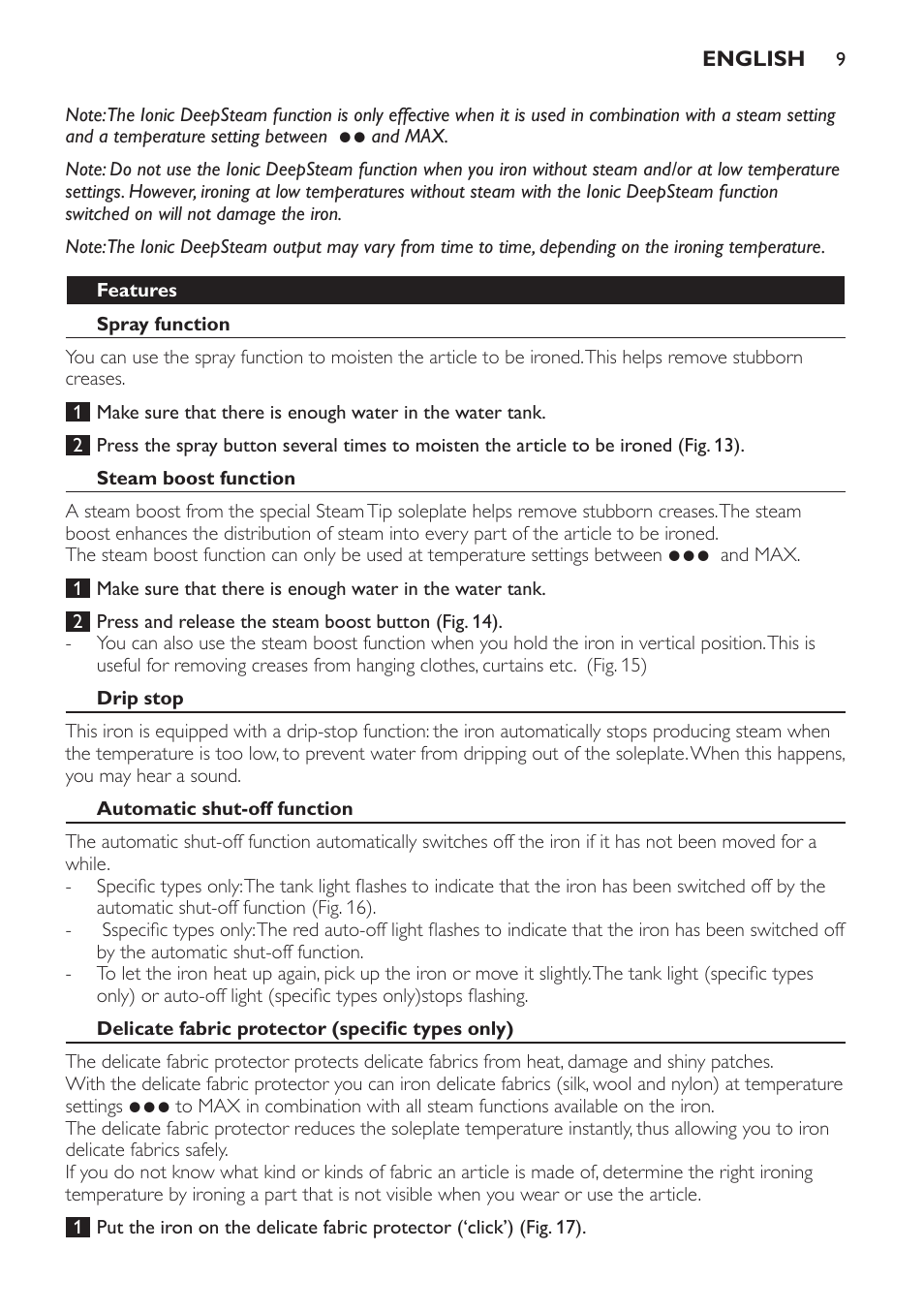 Features, Spray function, Steam boost function | Drip stop, Automatic shut-off function, Delicate fabric protector (specific types only) | Philips Azur Ionic Dampfbügeleisen User Manual | Page 9 / 92