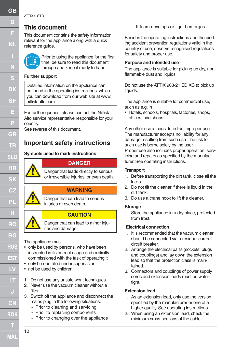 This document, Important safety instructions | Nilfisk-ALTO 961-01 User Manual | Page 10 / 105