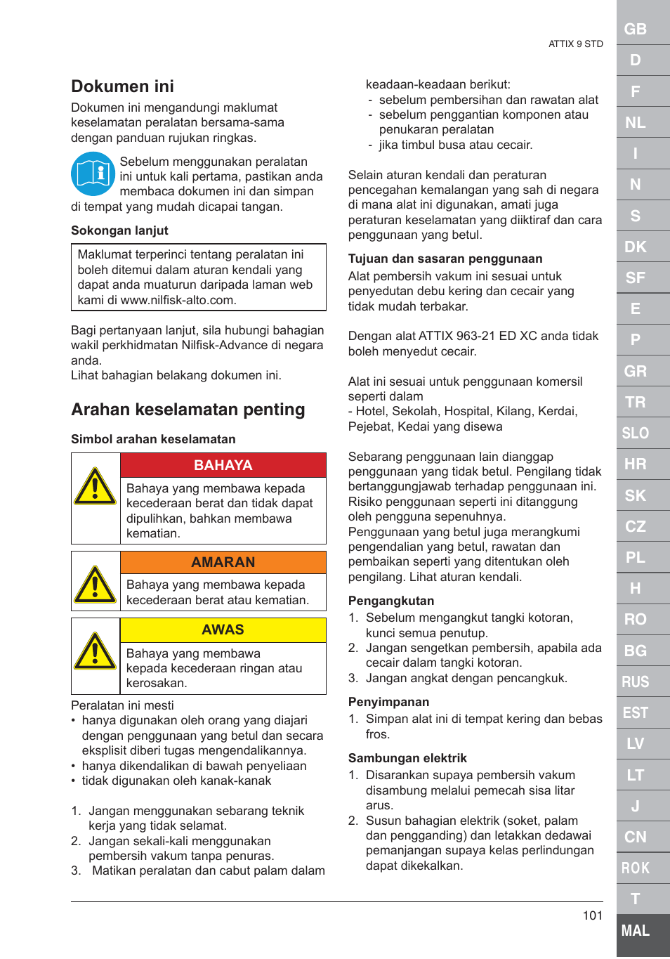 Dokumen ini, Arahan keselamatan penting | Nilfisk-ALTO 961-01 User Manual | Page 101 / 105