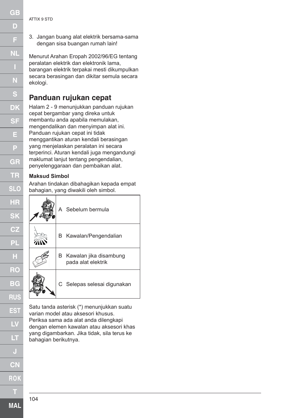 Panduan rujukan cepat | Nilfisk-ALTO 961-01 User Manual | Page 104 / 105