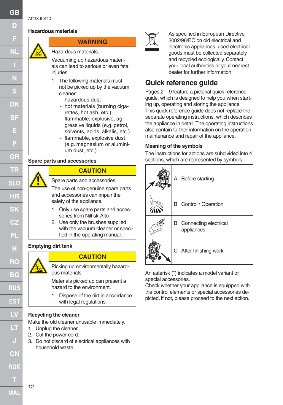 Quick reference guide | Nilfisk-ALTO 961-01 User Manual | Page 12 / 105